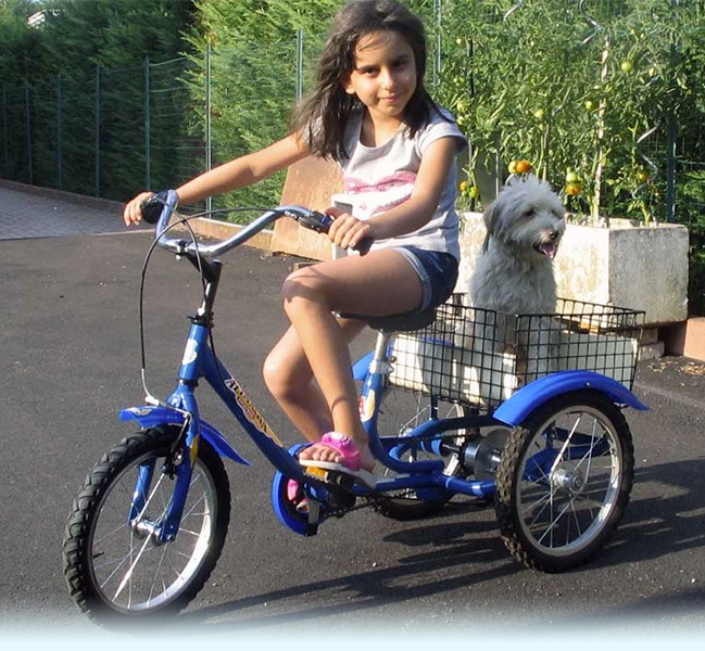 Bambina in sella a un triciclo Alimagia blu, con il cane nel cestello posteriore