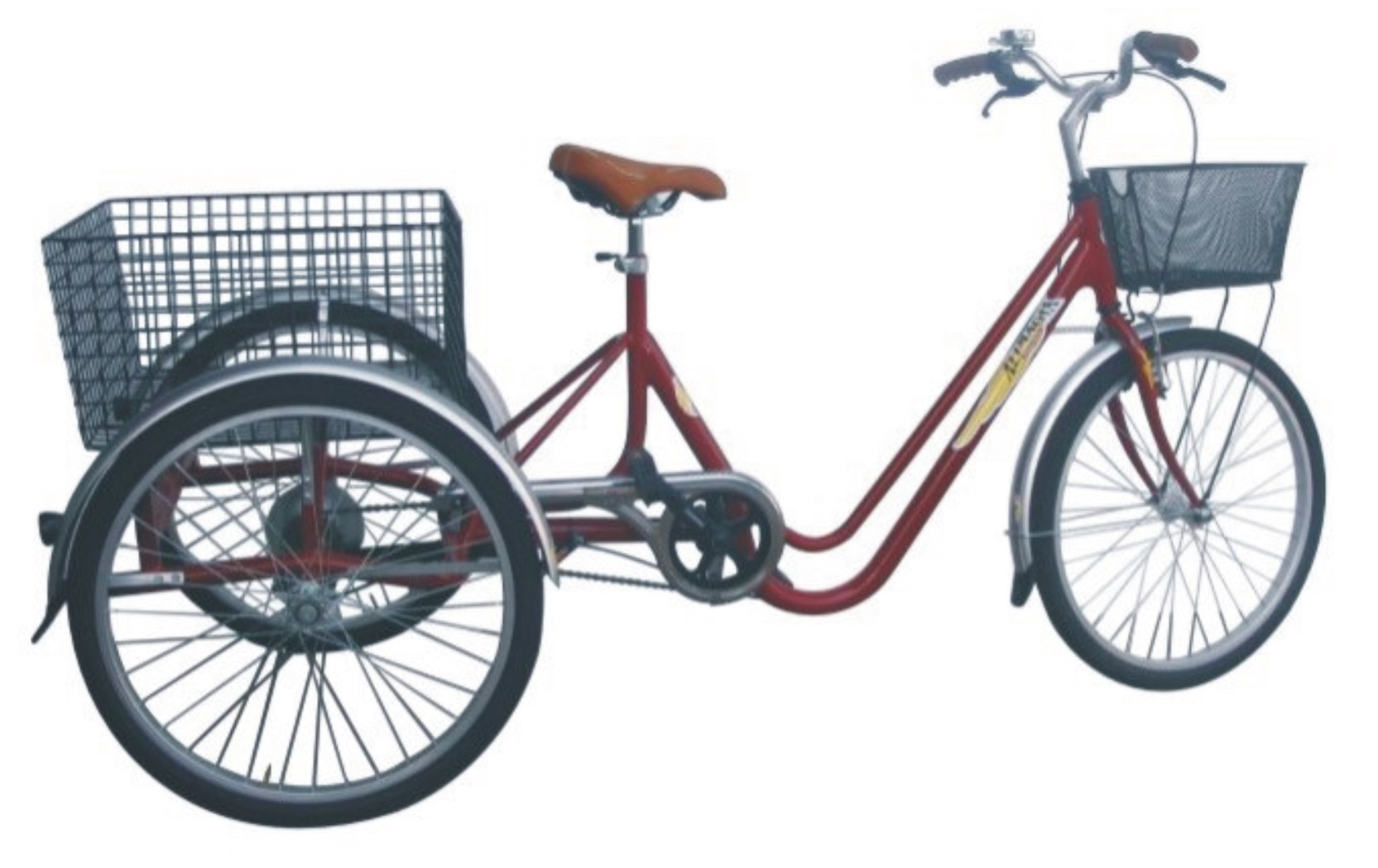 Triciclo Vittoria rosso con cestello anteriore e posteriore